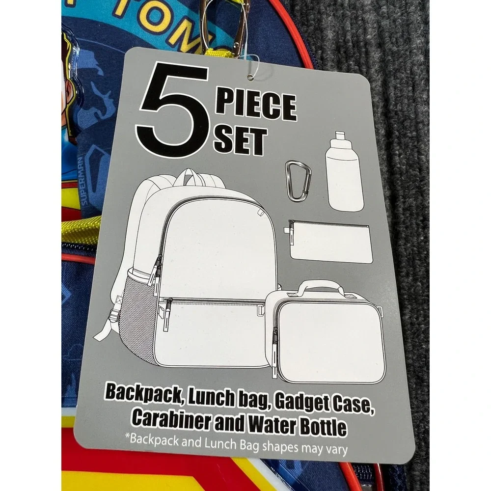 SUPERMAN Backpack Set Kids Blue 5-Piece Lunch Bag Water Bottle Pencil Case NWT